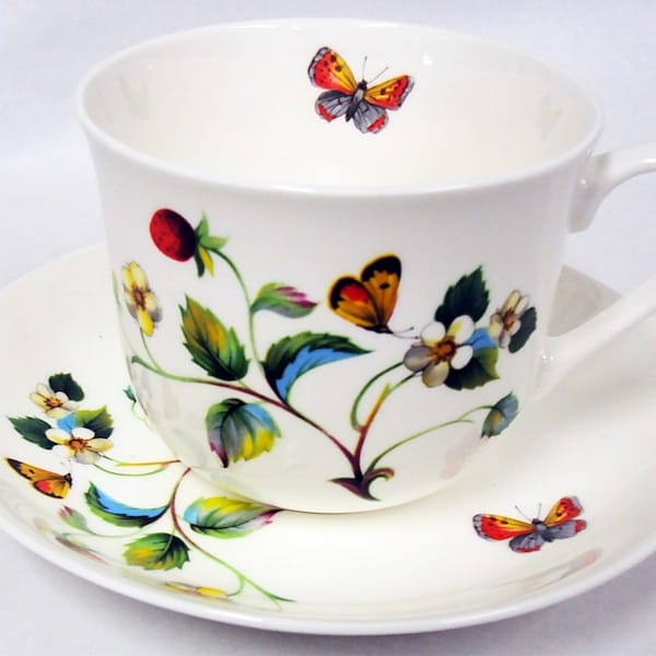 Strawberries Butterflies Cup Saucer Set Breakfast Large Cup and Saucer Hand Decorated in UK