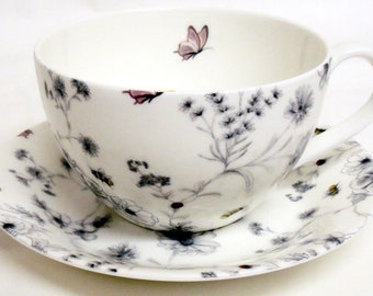 Secret Garden Cappuccino Breakfast Latte Cup & Saucer Fine Bone China Flowers Butterflies and Bees Cup Saucer