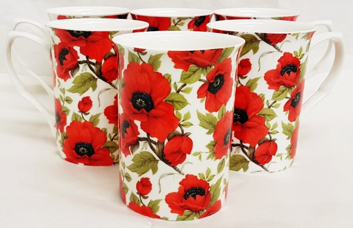 Red Poppy Mugs Set of 6 Fine Bone China Cups Hand Decorated in Etsy UK