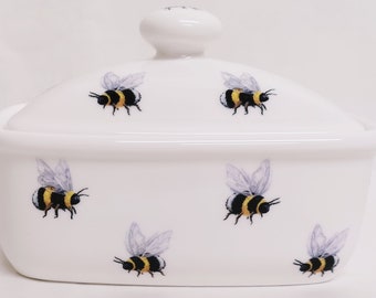 Bees Butter Dish Fine Bone China Multi Bumble Bee Container Hand Decorated in UK