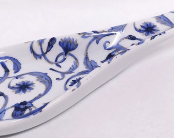 Scroll Blue and Mica Gold Medium Spoon Rest Porcelain 22 cm 8.5" Floral Baroque Designs Ceramic Hand Decorated UK