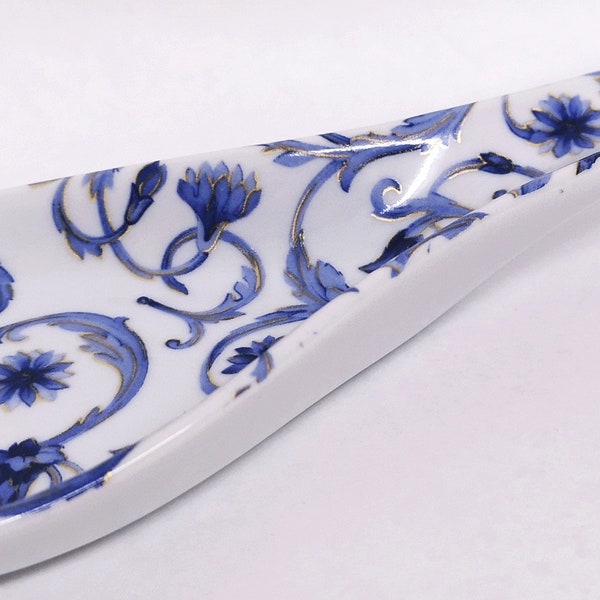 Scroll Blue and Mica Gold Medium Spoon Rest Porcelain 22 cm 8.5" Floral Baroque Designs Ceramic Hand Decorated UK