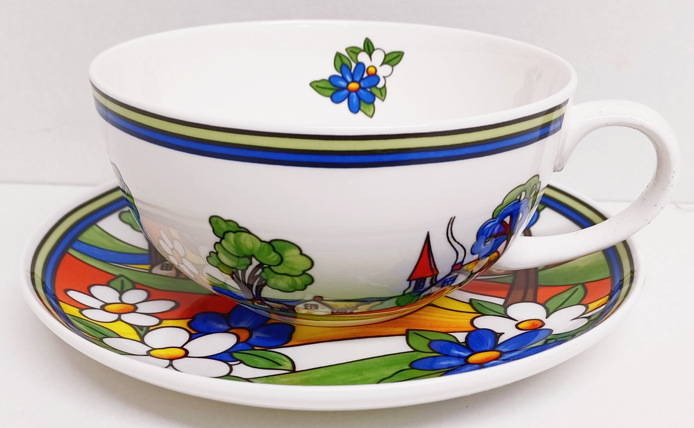 Village Art Deco Cup & Saucer 300 ml Fine Bone China Exclusive Countryside Cappuccino Set