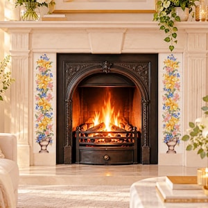 May include: A fireplace mantel featuring two vertical columns of decorative ceramic tiles on either side of the firebox. Each tile column displays a colourful floral arrangement in a classic urn, showcasing yellow, pink, and blue blossoms.