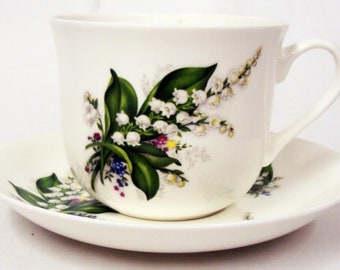 Lily of the Valley Breakfast Cup & Saucer Large Jumbo Fine Bone China 14.5oz Lilies Floral Cup Saucer Set Hand Decorate UK