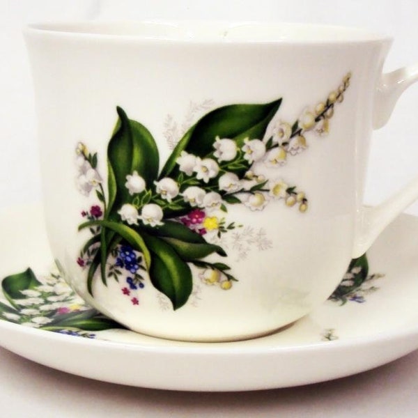 Maiglöckchen Frühstückstasse & Untertasse Große Jumbo Fine Bone China 14,5 Unzen Lilien Blumentasse Untertasse Set Hand Dekorieren UK