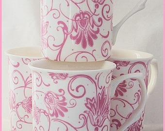 Parisian Pink Mugs Set 4 Fine Bone China Pink Floral Swirl Cups Hand Decorated in UK