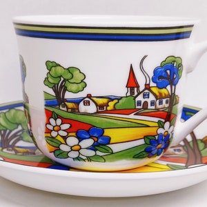 Village Art Deco Cup & Saucer Large Jumbo Breakfast 15fl oz 425 ml Fine Bone China Exclusive Countryside Set