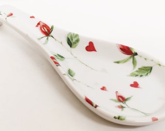 Hearts & Red Roses Spoon Rest Ceramic Porcelain Medium 22cm Spoon Hand Decorated UK