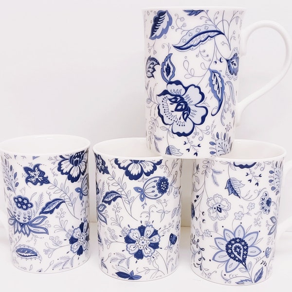 Blue Persia Mugs Set 4 Bone China Blue & White Oriental Floral 10.5 fl oz 300 ml Windsor Cups Hand Decorated in UK