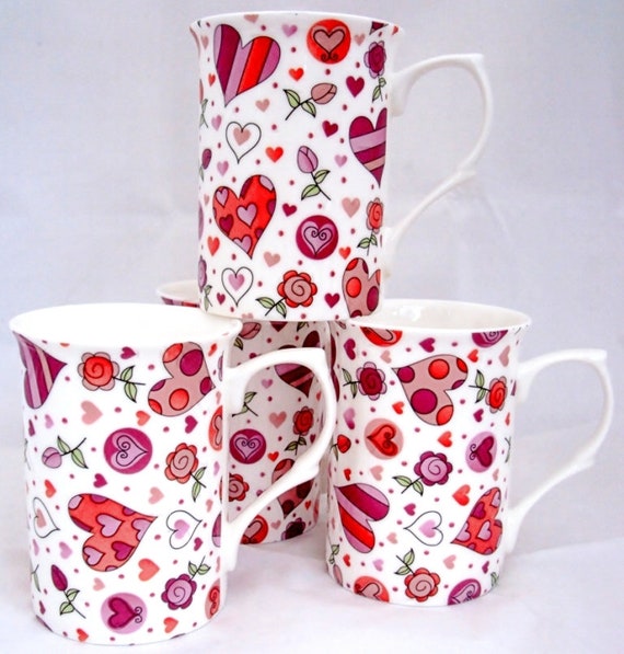 Chic Hearts Fine Bone China Set Six Mugs