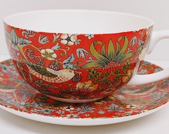 William Morris Strawberry Thief Red Cup & Saucer 300 ml Bone China Cappuccino Set Art Nouveau Style Hand Decorated UK