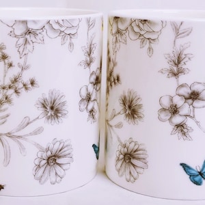 Secret Garden Mugs Set 2 Fine Bone China 9.5 oz 275 ml Balmoral Cups Flowers Butterflies Bees Hand Decorated in UK