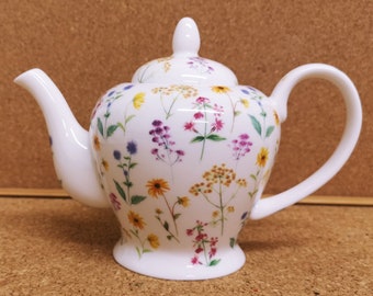 Meadow Flowers Teapot Fine Bone China 20 fl oz Multi Colour Floral Small Teapot Hand Decorated UK