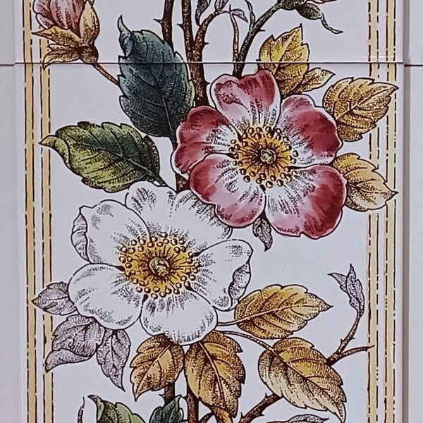 Wild Roses Ceramic Tile Mural Rose Decorative 5 Tiles 75 cm x 15 cm Fireplace Backsplash Hand Decorated in UK