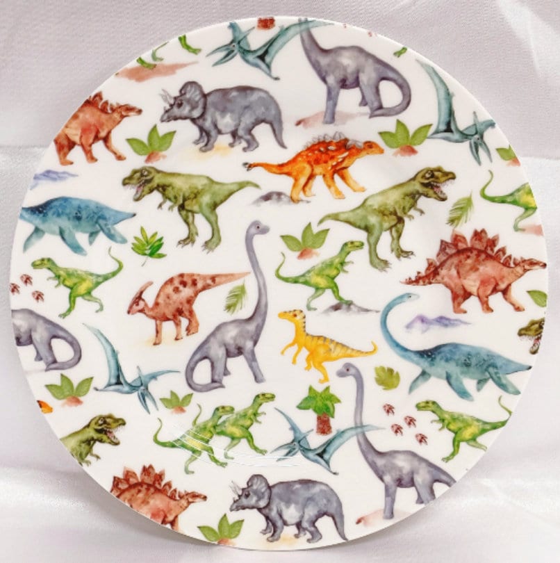 Dinosaurs Plate fine bone china 8" 20 cm Kids Children Dinos Collage Hand Decorated UK