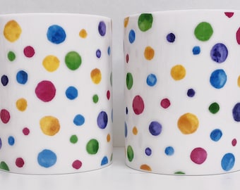 Polka Dots Painted Effect Mugs Set of 2 Fine Bone China 400 ml 14 oz Large Balmoral Cups Multi Colour Spotty Chintz Hand Decorated UK