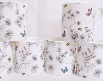 Secret Garden Mugs Set 6 Fine Bone China 9.5oz 275 ml Balmoral Cups Flowers Butterflies Bees Hand Decorated in UK