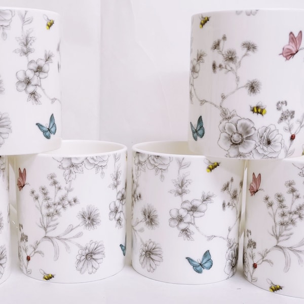 Secret Garden Mugs Set 6 Fine Bone China 9.5oz 275 ml Balmoral Cups Flowers Butterflies Bees Hand Decorated in UK