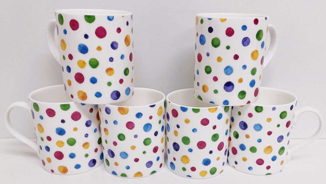 Set of 6 Fine Bone China Spotty Mugs Polka Dots Green White Coffee