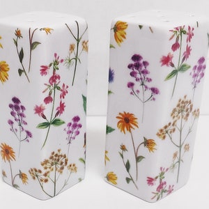 Meadow Flowers Salt and Pepper Set Ceramic Porcelain Rectangular Bright Floral Cruet Set Hand Decorated UK