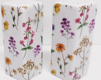 Ensemble de salière et poivrière Fleurs des prés Céramique Porcelaine Rectangulaire Lumineux Floral Cruet Set Décoré à la main Royaume-Uni