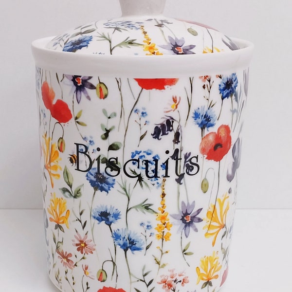Grande boîte à biscuits Fleurs sauvages des prés en porcelaine tendre, grande fiole de fleurs florales lumineuses de 2 litres, décorée à la main, Royaume-Uni