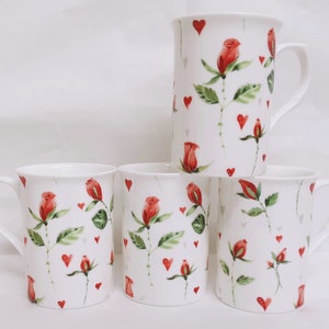 Hearts & Red Roses Mugs Set of 4 Fine Bone China Floral Cups Hand Decorated in UK