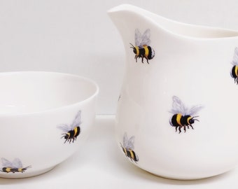 Bees Cream/Milk Jug and Sugar Bowl Fine Bone China Bumblebee Matching Set Hand Decorated in UK