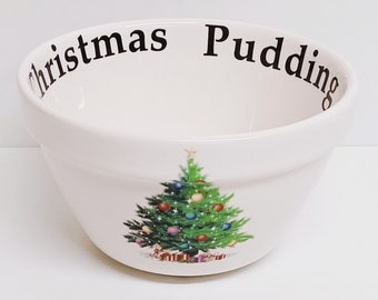 Xmas Tree Christmas Pudding Ceramic Decorated Baking Bowl Basin 35 oz 990 ml Hand Decorated UK