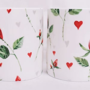 Hearts & Red Roses Mugs Set of 2 Balmoral Fine Bone China Floral 9.5 oz Cups Hand Decorated in UK