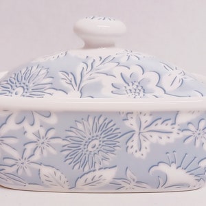 Lace Blue Butter Dish Fine Bone China Light Blue Floral Container Hand Decorated in UK