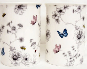 Secret Garden Mugs Set of 4 Fine Bone China 10.5oz Flowers Butterflies Bees Cups Hand Decorated UK