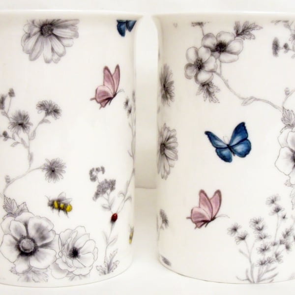 Secret Garden Mugs Set of 4 Fine Bone China 10.5oz Flowers Butterflies Bees Cups Hand Decorated UK