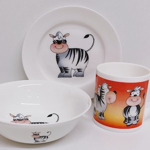 Cool Zebras Breakfast Set 3 Piece Fine Bone China Kids Children Magical Jungle Plate 6.7&quot; 17cm Mug & Cereal Bowl Hand Decorated UK