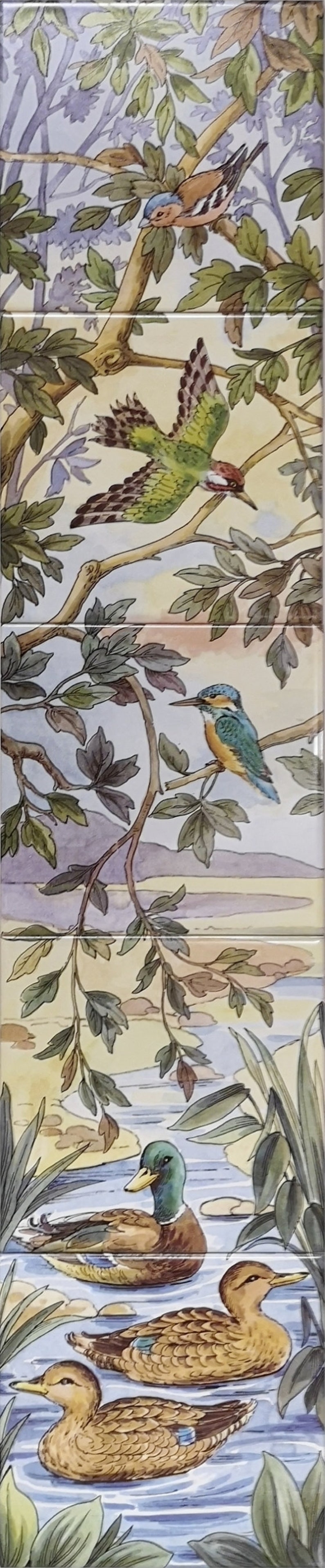 May include: A watercolor painting of a woodland scene with birds and ducks. The painting features a green woodpecker, a blue kingfisher, a brown finch, and three ducks swimming in a blue pond. The background is a light blue sky with green trees and branches.