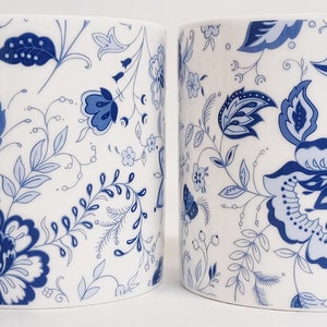 Blue Persia Mugs Set of 2 Blue & White Floral Large Balmoral 14oz 400 ml Bone China Cups Hand Decorated in UK