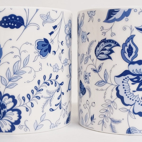 Ensemble de 2 grandes tasses Blue Persia en porcelaine florale bleue et blanche Balmoral, 400 ml, 14 oz, décorées à la main au Royaume-Uni