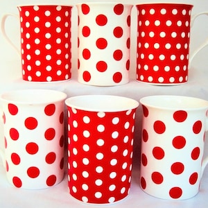 Red Dots & Spots Mugs Set of 6 Fine Bone China 300 ml Spotty Cups Hand Decorated in UK