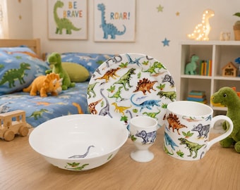 Dinosaurs Breakfast Set 4 Piece Plate 6.7" 17 cm Mug Bowl Egg Cup Fine Bone China Kids Children Set Dinos Collage Hand Decorated UK