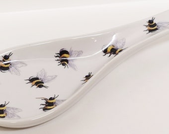 Bees Spoon Rest Medium 22cm Ceramic Porcelain Multi Bumble Bees Spoon Hand Decorated UK