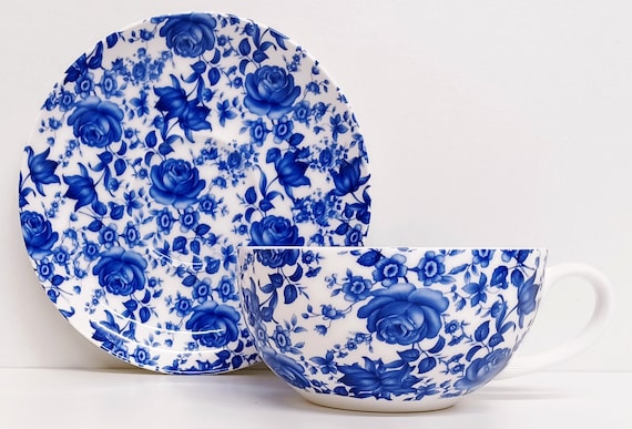 Set Tazza E Piattino In Porcellana Fine - 350 Ml, Decorato A Mano Con Fiori, Farfalle E Api, Secret Garden, Lavabile In Microonde - 3