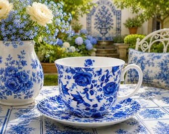 Könnte beinhalten: Ein weißes Tassen- und Untertassenset aus Keramik mit einem detaillierten blauen Blumenmuster aus Rosen und Blättern. Die Tasse hat einen geschwungenen Henkel und steht auf einer passenden Untertasse, beide mit demselben blauen botanischen Design.