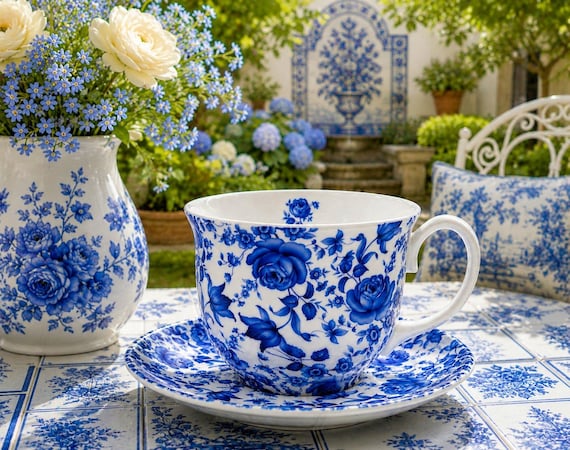 Delft Blue Cup & Saucer Bone China Large Jumbo Blue Flowers Floral