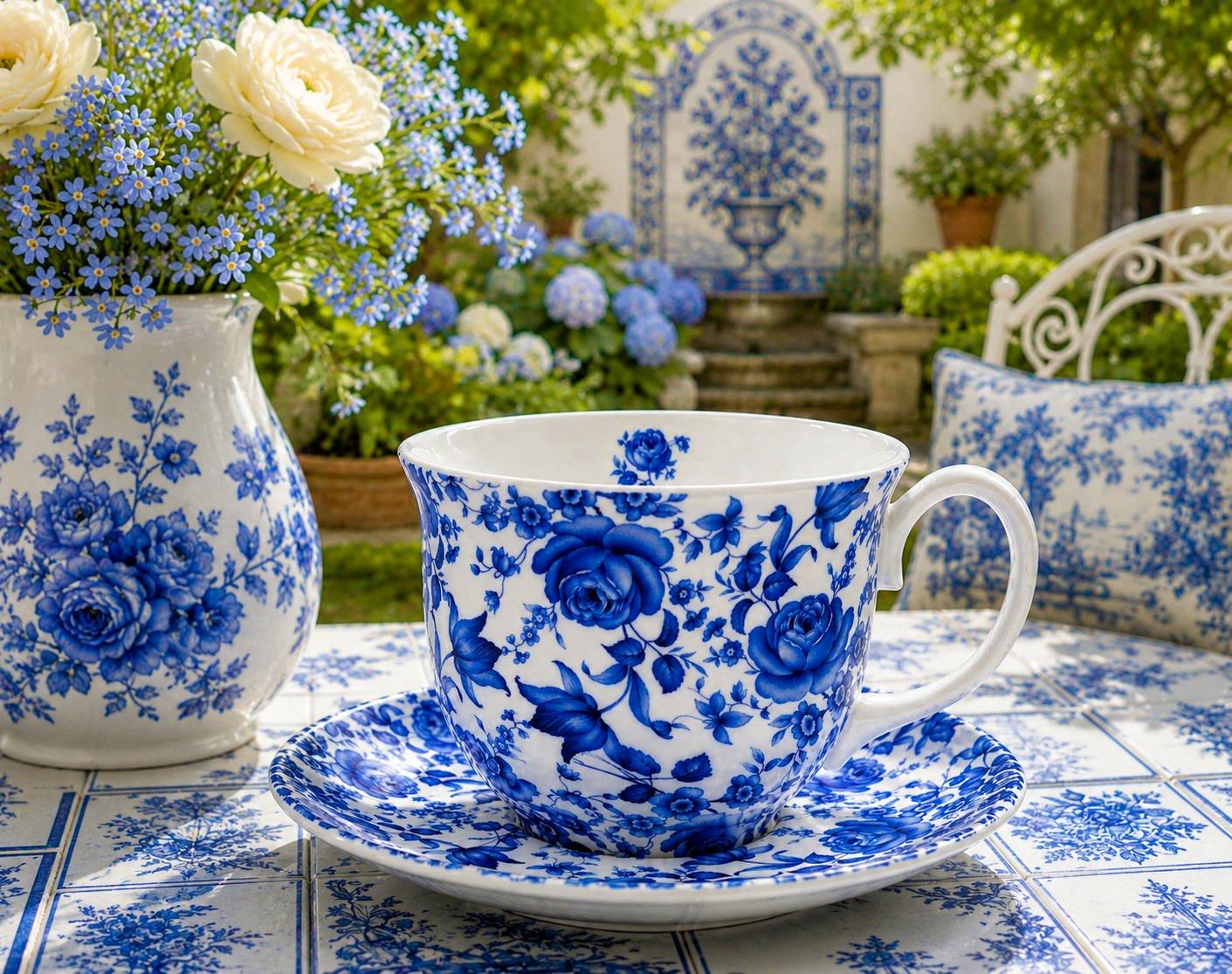 Delft Blue Cup & Saucer Bone China Large Jumbo Blue Flowers Floral