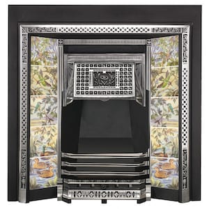 May include: A black cast iron fireplace surround with a silver finish. The surround has a decorative tile design with birds and flowers. The fireplace has a black metal grate and a black metal firebox.