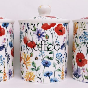 Wildflowers Meadow Tea Coffee Sugar Fine Bone China Set of 3 Canisters Multi Colour Floral Jars Hand Decorated UK