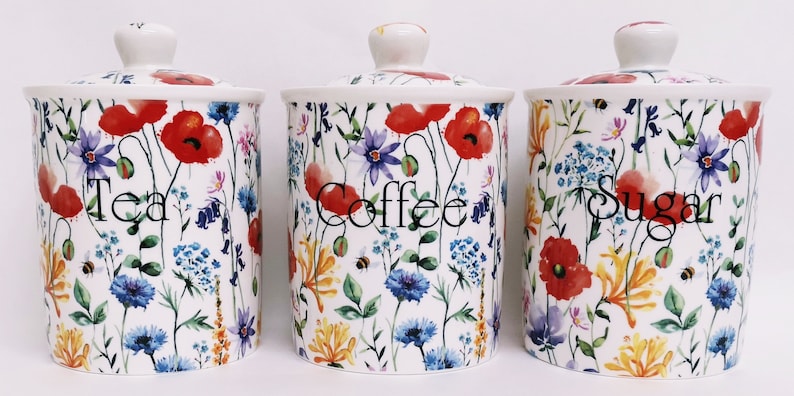 Wildflower Floral Canister Set for Tea Coffee & Sugar