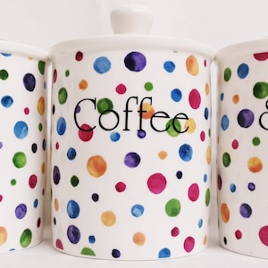 Polka Dots Painted Effect Tea Coffee Sugar Fine Bone China Canisters Storage Jars Spotty Multicolour