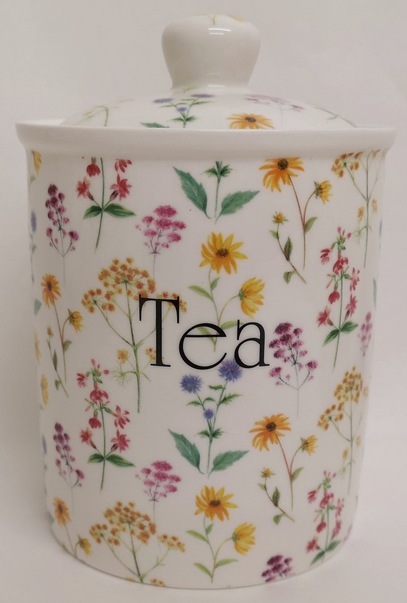 multi coloured tea coffee sugar canisters wild flower design